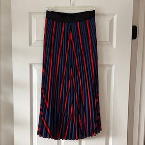 H&M Red, Blue & Black Striped Pleated Midi Skirt